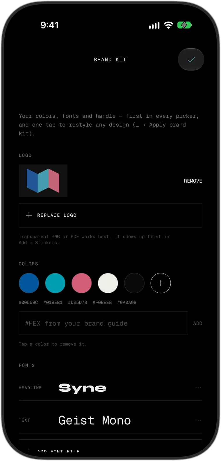 The brand kit in the app: logo, five brand colours, headline and text font