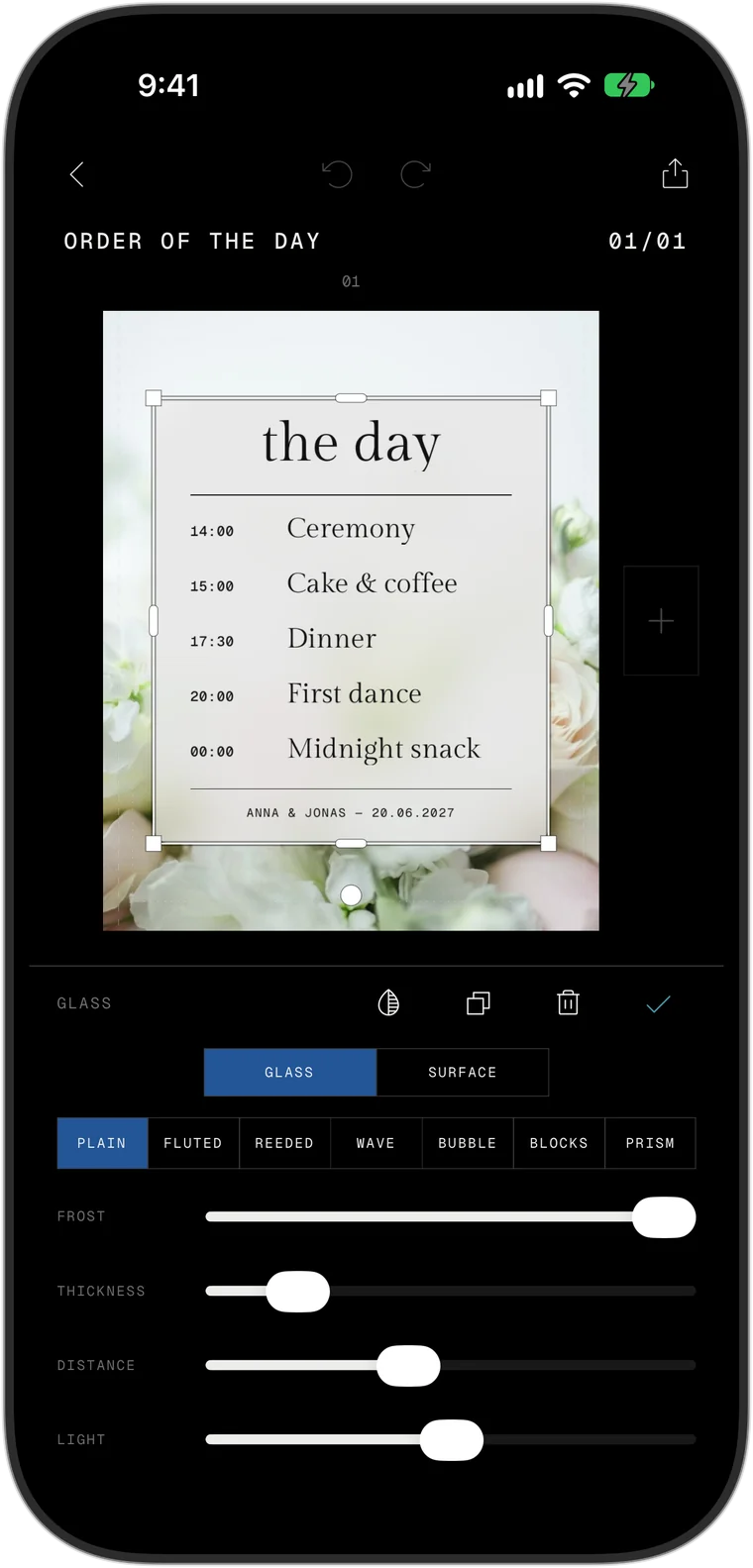 A glass card selected in the app with its settings