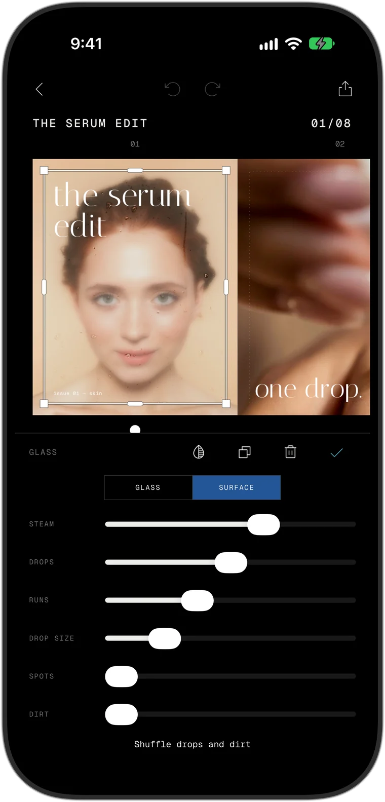 The surface controls in the app: steam, drops, runs, drop size, spots and dirt