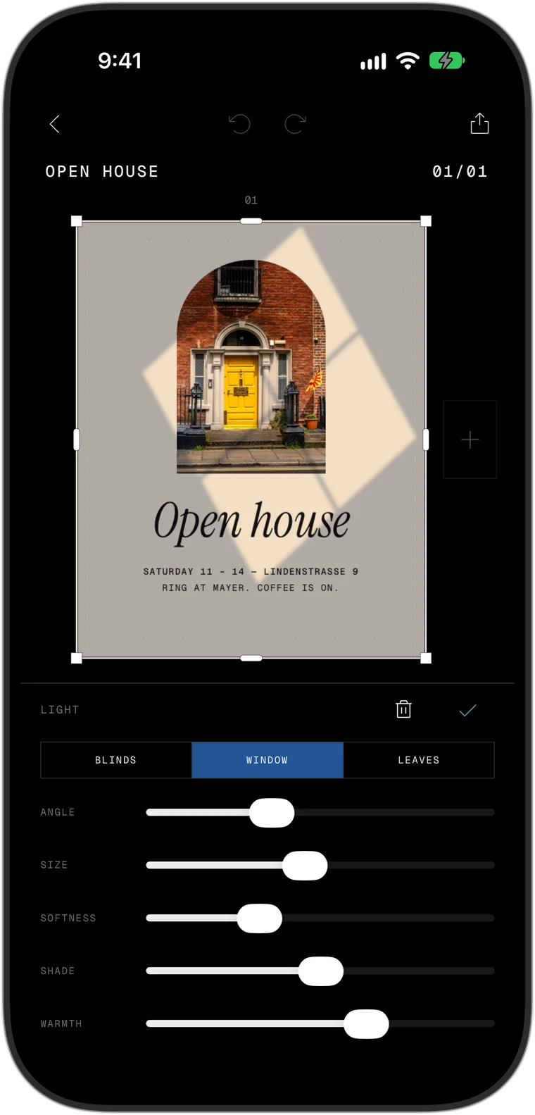 The light controls in the app: blinds, window or leaves, with angle, size, softness, shade and warmth