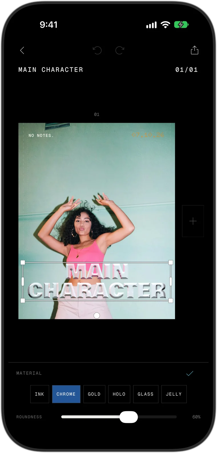 The material choices for text in the app: ink, chrome, gold, holo, glass and jelly