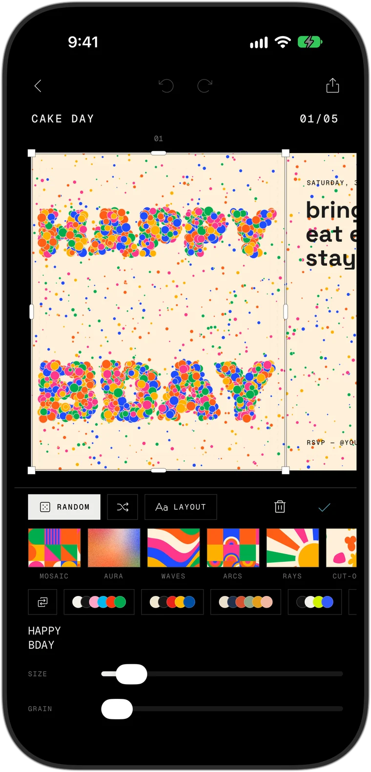 The pattern controls in the app: styles, palettes, a word, size and grain
