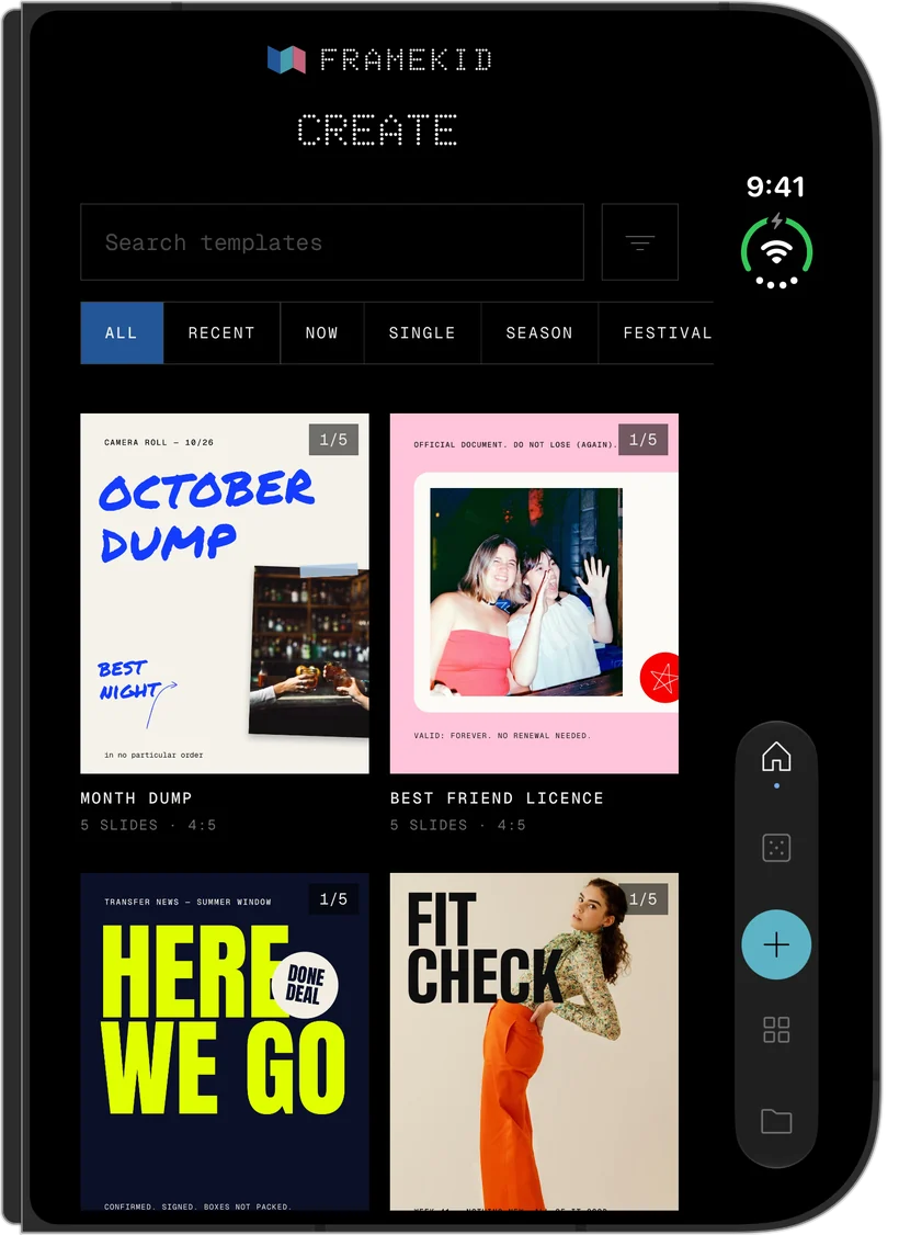 FRAMEKID on the closed iPhone Duo, its buttons in a column at the side