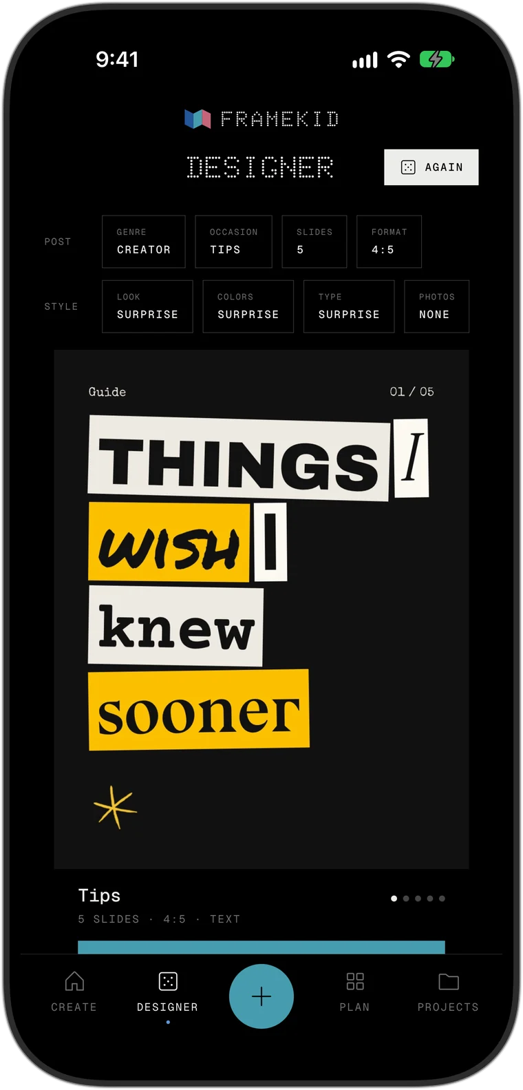 The Designer in the app with its choices for genre, occasion, look, colours and type