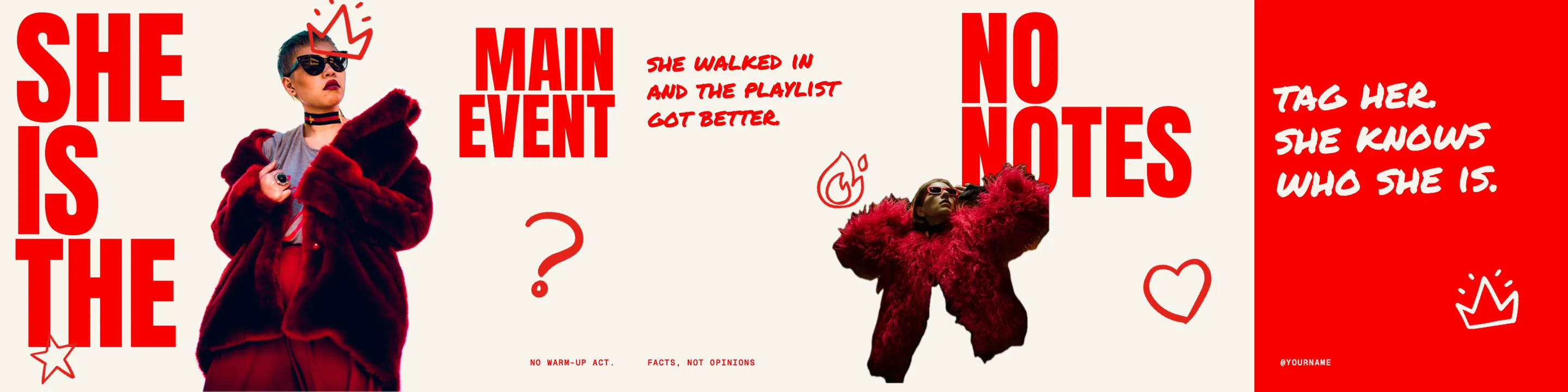 The template Main Event: five slides in red and cream in which cut-out figures and big type run across the slide edges